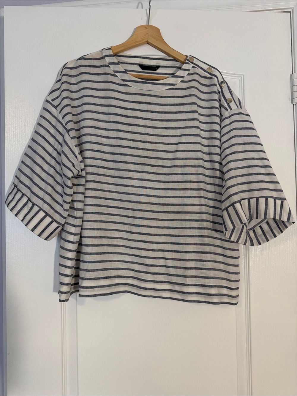 ZARA Linen Blend Striped Top Wide Sleeve Gold Shoulder Buttons L
